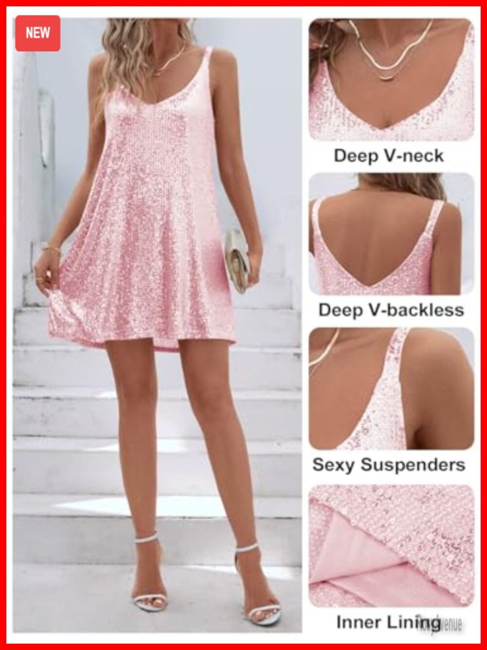 Sparkly Sequin V Neck Shift Cocktail Mini Dress for Party - Picture 4 of 4